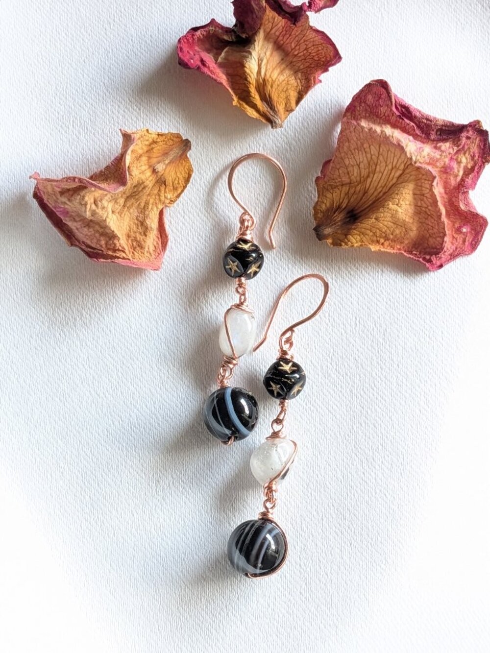 Copper Earrings with Banded Agates, Czech Glass Star Cubes and Moonstones - Picture 2 of 10